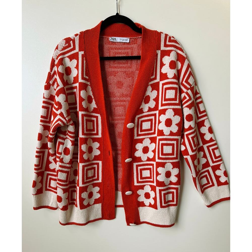 Zara Orange Slouchy Cardigan (Sz M) Boho Women's Flowers‎ and Squares